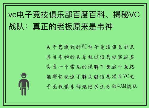 vc电子竞技俱乐部百度百科、揭秘VC战队：真正的老板原来是韦神